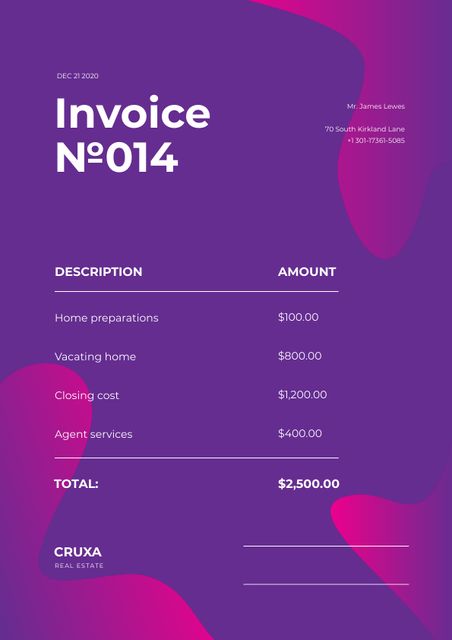 Real Estate Agency Services on Purple Abstraction Invoice – шаблон для дизайна