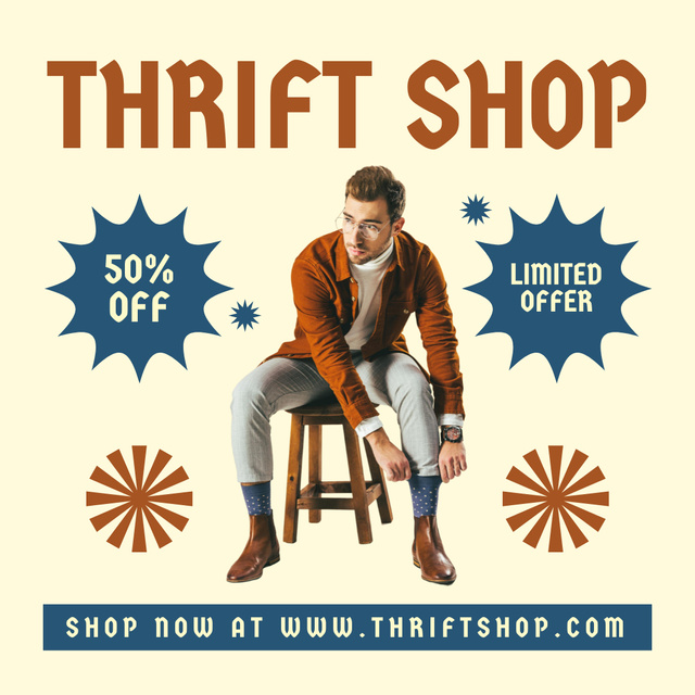Man hipster for pre-owned clothes shop Instagram AD Design Template