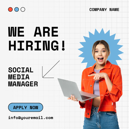 Modèle de visuel Annonce d'embauche d'un gestionnaire SMM avec une jeune femme enthousiaste - LinkedIn post