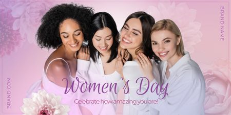 International Women's Day Greeting with Happy Diverse Women Twitter Tasarım Şablonu