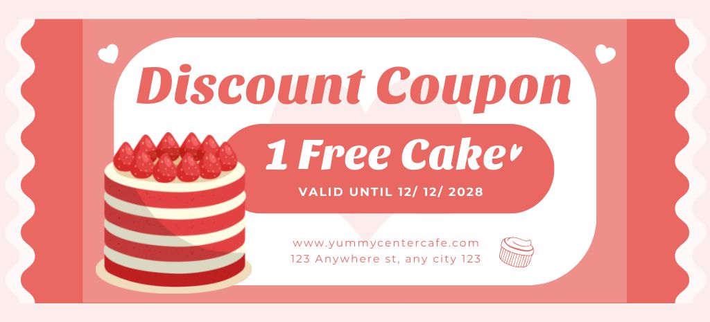 Free Cake Discount Voucher on Red Coupon 3.75x8.25in Design Template