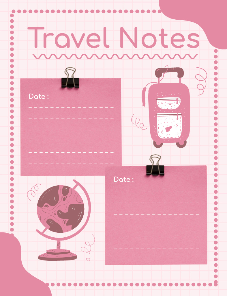 Travel Notes with Illustration of Suitcase and Globe Notepad 107x139mmデザインテンプレート