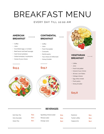 Variety Of Breakfasts And Beverages Lists Menu 8.5x11in Design Template