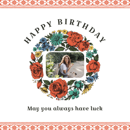Designvorlage Geburtstagswünsche mit junger Frau und verschiedenen Blumen für Instagram