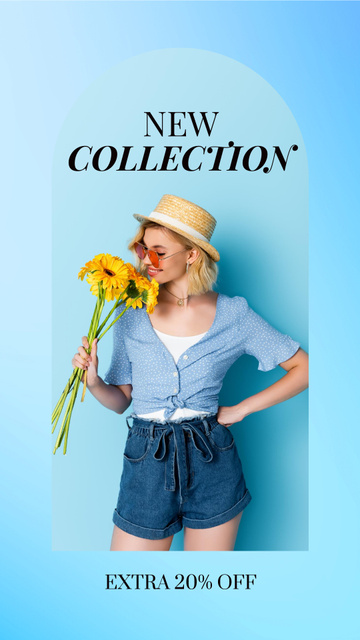 Designvorlage New Fashion Collection with Young Lady with Yellow Flowers für Instagram Story