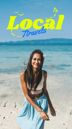 Local Travels Inspiration with Young Woman on Ocean Coast Instagram Story Modelo de Design