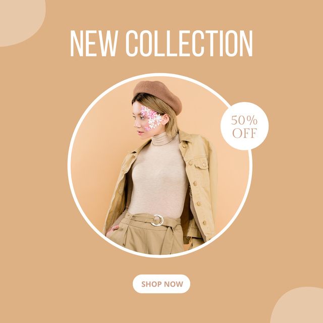Fashion Collection Ad with Stylish Woman on Beige Instagram tervezősablon