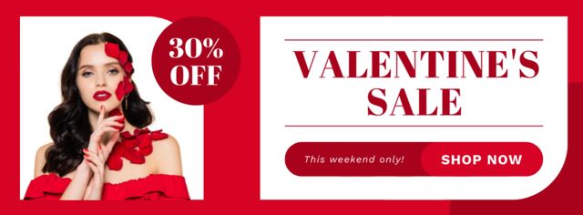 Modèle de visuel Valentine's Day Sale with Beautiful Brunette Woman in Red - Facebook cover