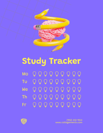 Study Tracker with Illustration of Human Brain with Curved Pencils Notepad 8.5x11in Design Template