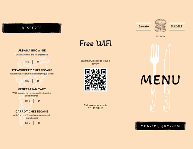 Desserts List With Sketches In Burger Restaurant Menu 11x8.5in Tri-Fold – шаблон для дизайну