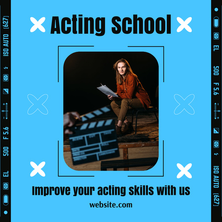 Designvorlage Werbung für eine Schauspielschule mit Schauspieler auf der Bühne für Instagram AD