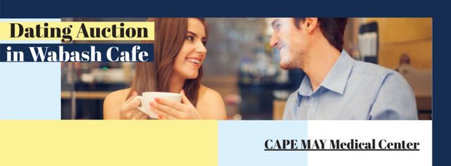 Modèle de visuel Dating Auction Announcement with Romantic Man and Woman in Cafe - Facebook cover