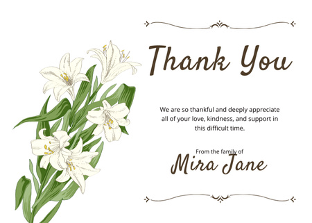 Plantilla de diseño de Funeral Thank You Card with White Flowers Postcard 5x7in 