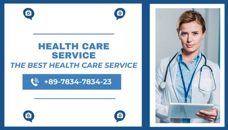 Template di design Annuncio di servizio sanitario con fiducioso medico con stetoscopio Business Card US