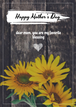 Happy Mother's Day Greeting With Sunflowers Postcard A6 Vertical Design Template