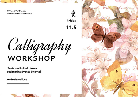 Modèle de visuel annonce d'atelier de calligraphie avec des fleurs d'aquarelle - Flyer A5 Horizontal