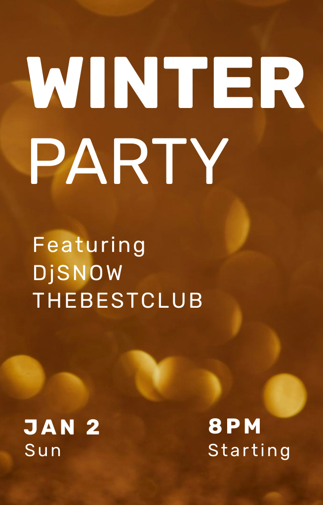Template di design Winter Party Announcement with Golden Bokeh Invitation 4.6x7.2in
