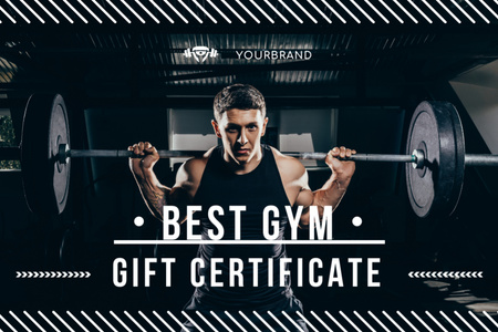 Jóképű férfi súlyzóval edzés az edzőteremben Gift Certificate tervezősablon