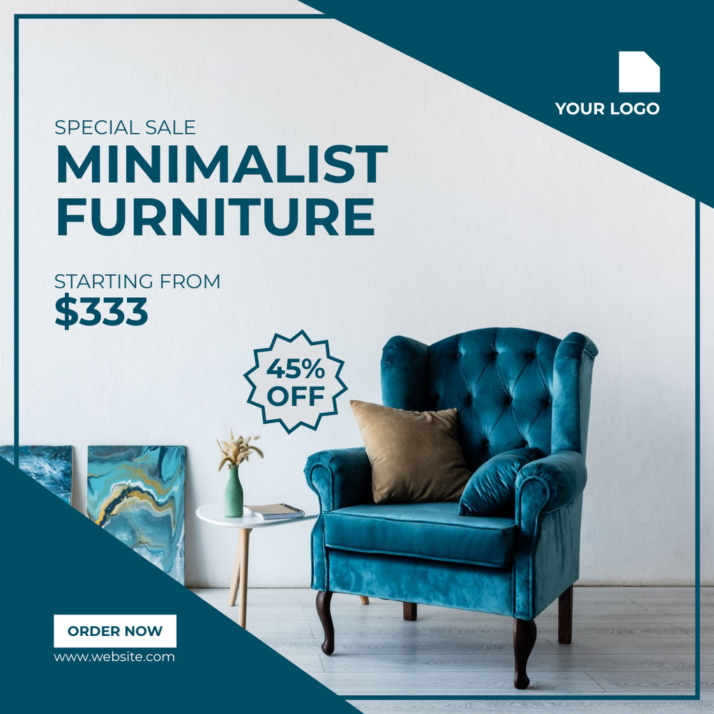 Furniture Sale with Stylish Blue Armchair Instagram tervezősablon