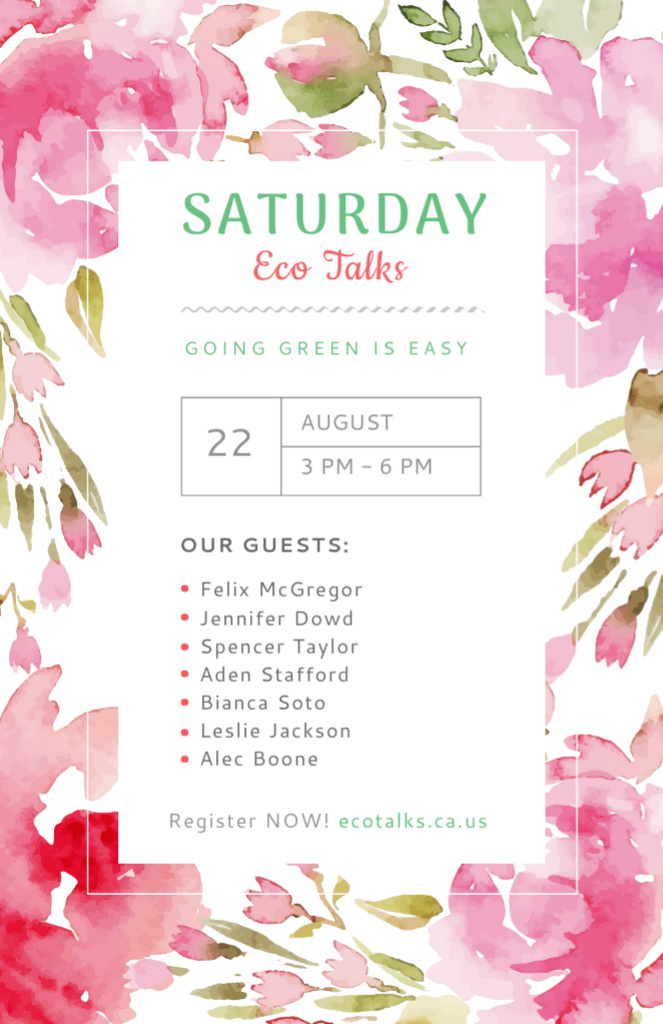 Ecological Event Announcement with Pink Watercolor Flowers Flyer 5.5x8.5in Modelo de Design