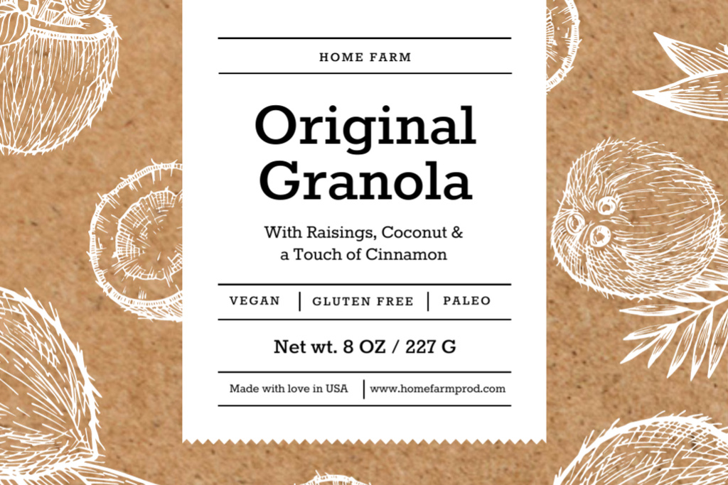 Granola packaging with coconuts in brown Label – шаблон для дизайна