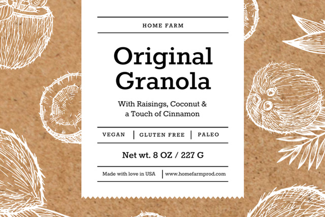 Granola packaging with coconuts in brown Label Šablona návrhu