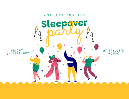 February Sleepover Party with Ballons Invitation 13.9x10.7cm Horizontal Design Template
