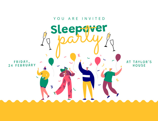 February Sleepover Party with Ballons Invitation 13.9x10.7cm Horizontal – шаблон для дизайна