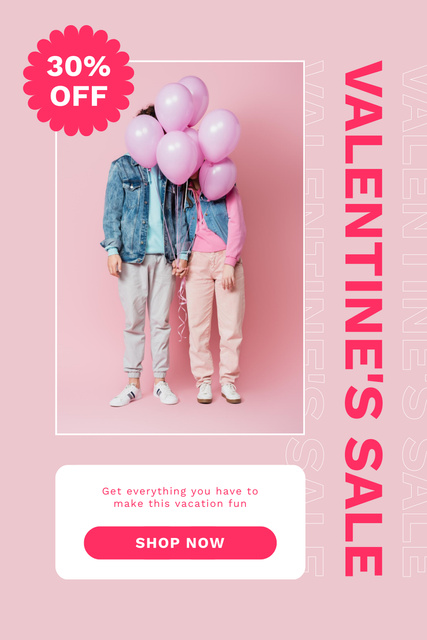 Valentine's Day Sale with Beautiful Couple in Love holding Balloons Pinterest Tasarım Şablonu