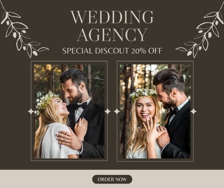 Wedding Agency Services Discount Offer with Cheerful Couple Facebook Design Template
