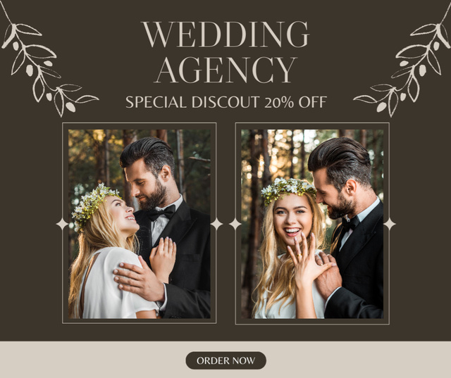 Wedding Agency Services Discount Offer with Cheerful Couple Facebook Modelo de Design