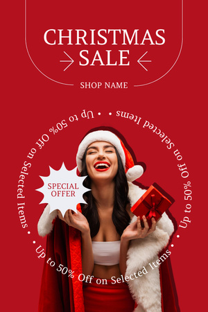 Platilla de diseño Christmas Sale Offer Happy Woman Holding Gift Pinterest