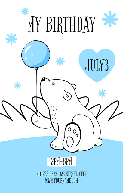 Designvorlage Birthday Party with Cute Polar Bear Drawing für Invitation 4.6x7.2in
