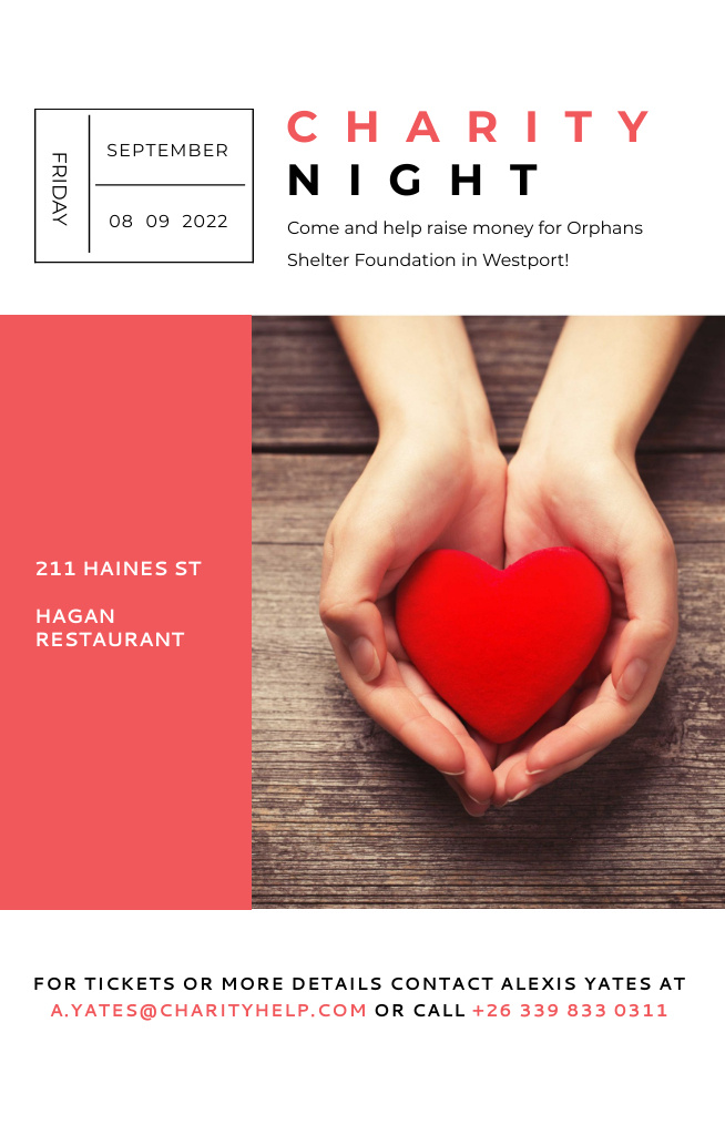 Template di design Charity Night Ad with Hands Holding Red Heart Invitation 4.6x7.2in