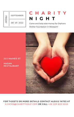Anúncio noturno de caridade com as mãos segurando um coração vermelho Invitation 4.6x7.2in Modelo de Design