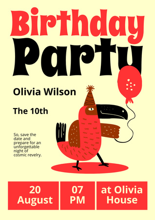 Birthday Party Announcement with Cartoon Parrot Poster Design Template