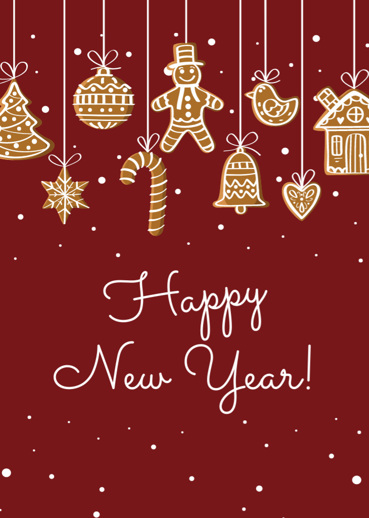 New Year Greeting With Holiday's Cookies In Red Postcard 5x7in Vertical – шаблон для дизайну