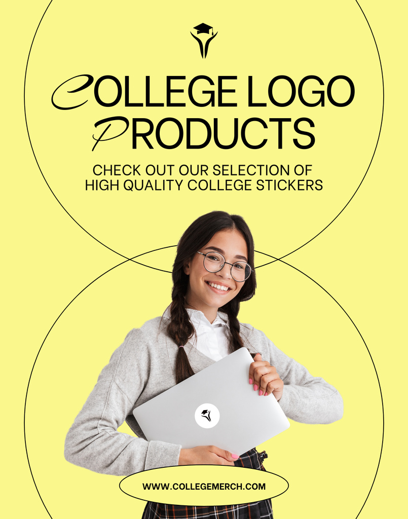 Template di design Trendy College Merch Offer with Young Girl in Glasses Poster 22x28in