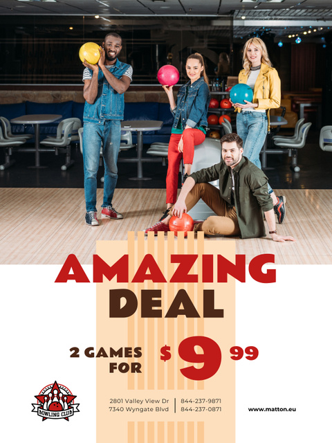 Bowling Offer Couple with Ball Poster US Design Template
