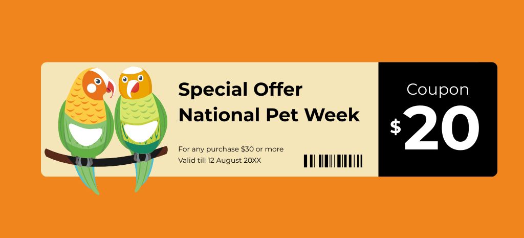 National Pet Week Price Cut Voucher And Parrots Coupon 3.75x8.25in Design Template