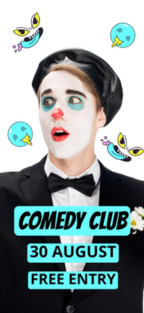 Ontwerpsjabloon van Snapchat Geofilter van Comedy Club-promo met artiest in heldere karaktermake-up