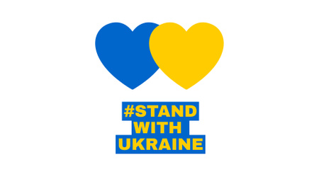 Hearts in Ukrainian Flag Colors and Phrase Stand with Ukraine Zoom Background Modelo de Design