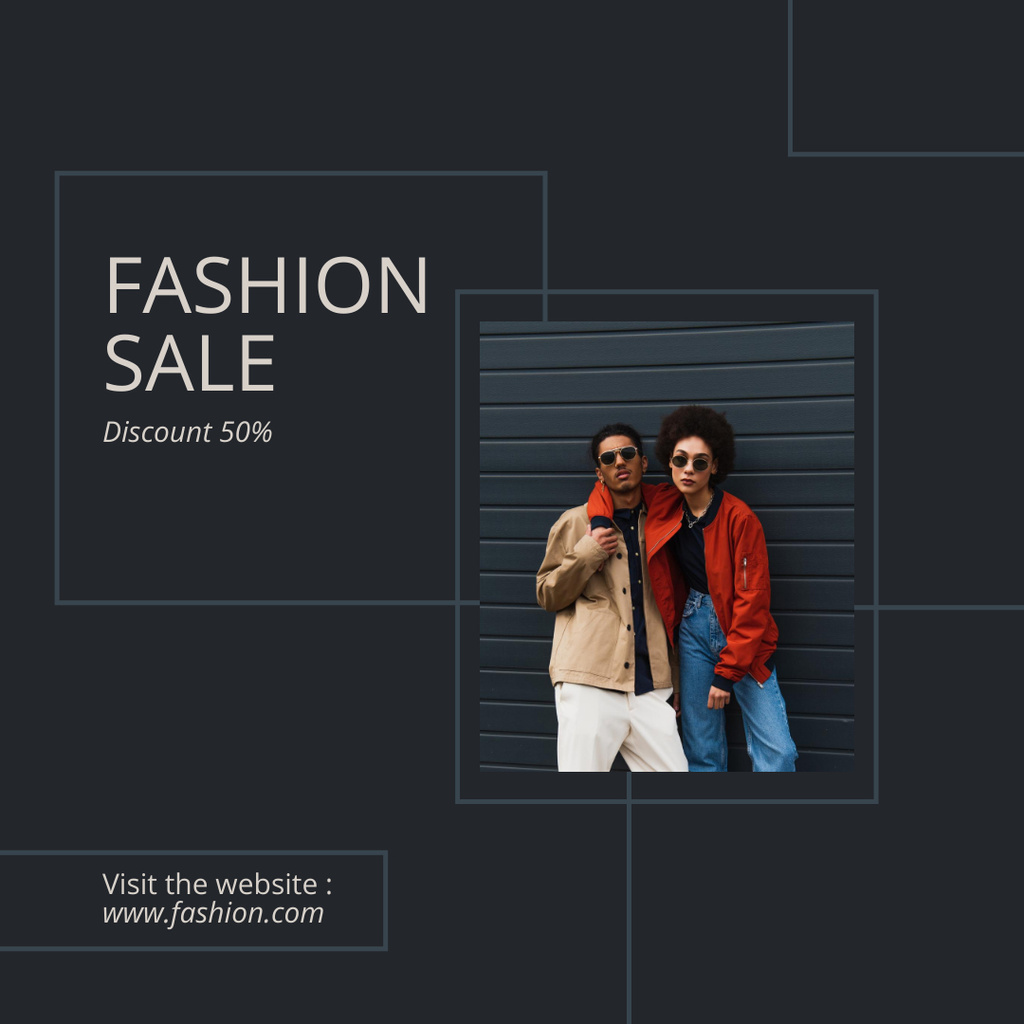 Fashion Ad with Stylish People on Dark Blue Instagram Modelo de Design