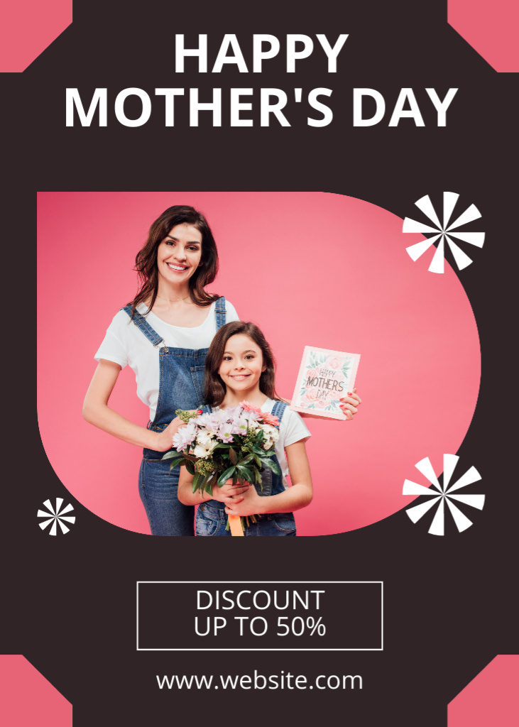 Mom and Daughter with Beautiful Bouquet on Mother's Day Flayer – шаблон для дизайна