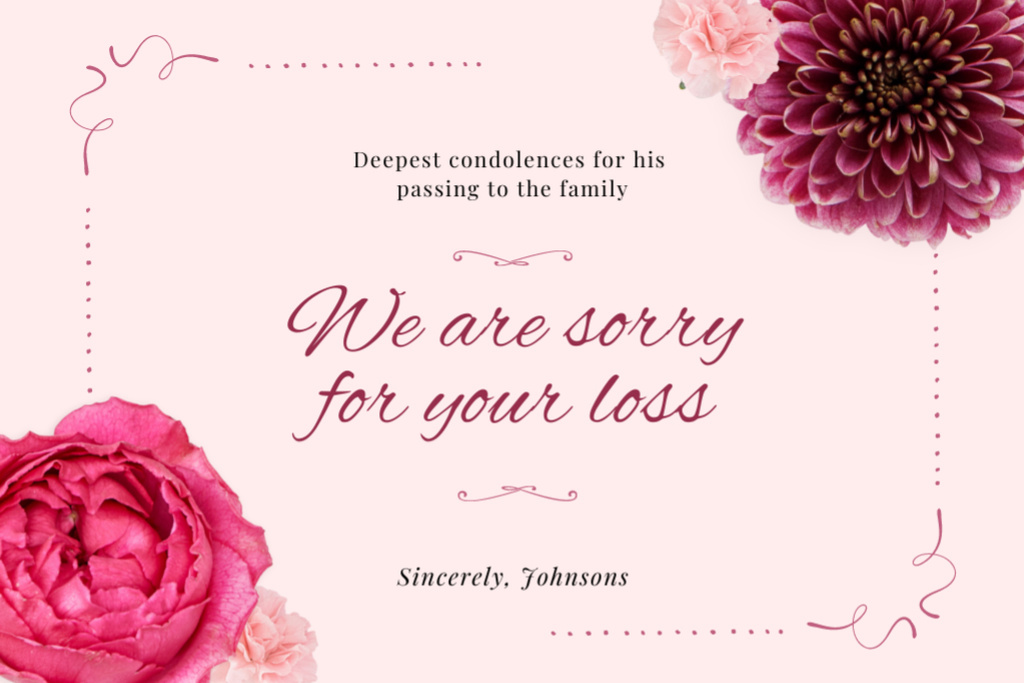 Template di design Deepest Condolences on Death with Pink Rose Postcard 4x6in
