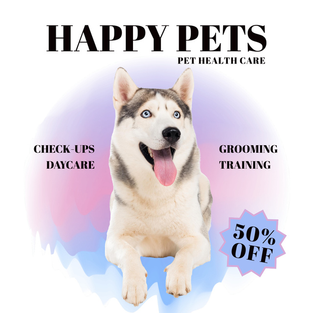 Discount on Pet Grooming Services with Happy Husky Instagram Tasarım Şablonu