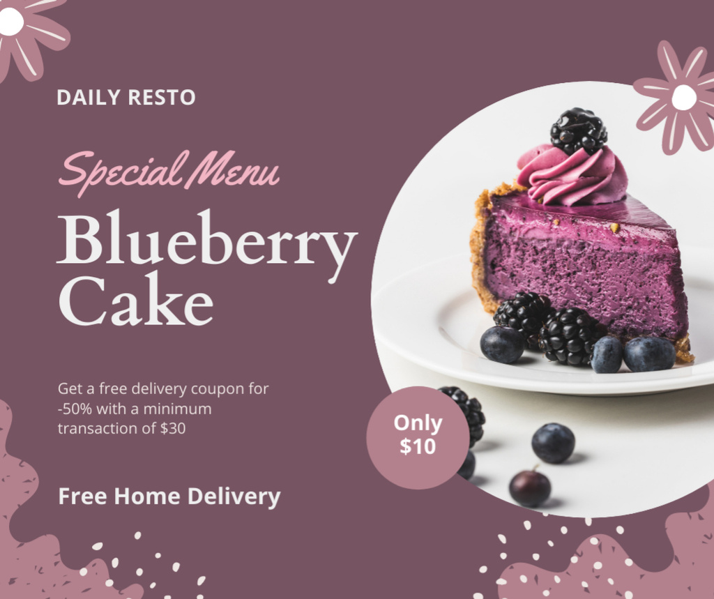 Plantilla de diseño de Delicious Blueberry Cake With Free Home Delivery Facebook 