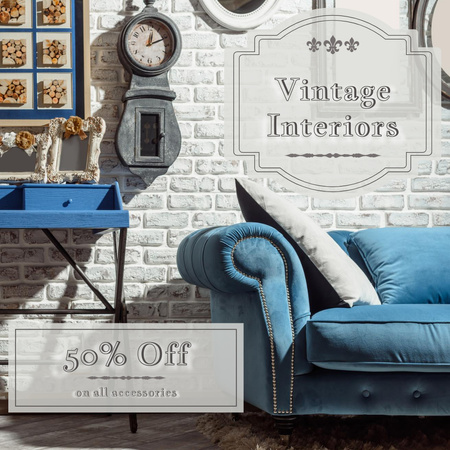 Vintage Interior Ad with Blue Sofa Instagram AD Modelo de Design