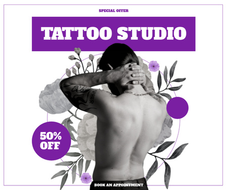 Ontwerpsjabloon van Facebook van Tattoo Studio-serviceaanbieding met korting en bloemen