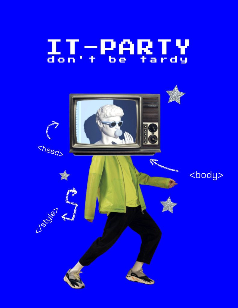 Exciting IT – Party Announcement with TV-headed Man Flyer 8.5x11in Tasarım Şablonu